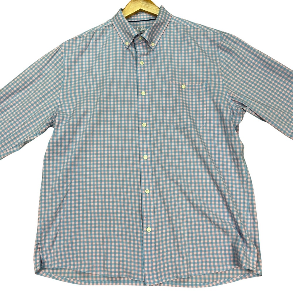 Croft Barrow Button Down Shirt Men Large Pink Blue Gingham Check Performance EUC